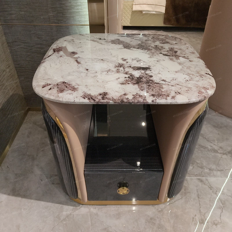 Marble-Top Sofa Side Table with Curved Beige Side Panels, Dark Textured Cabinet Body and Single Storage Drawer